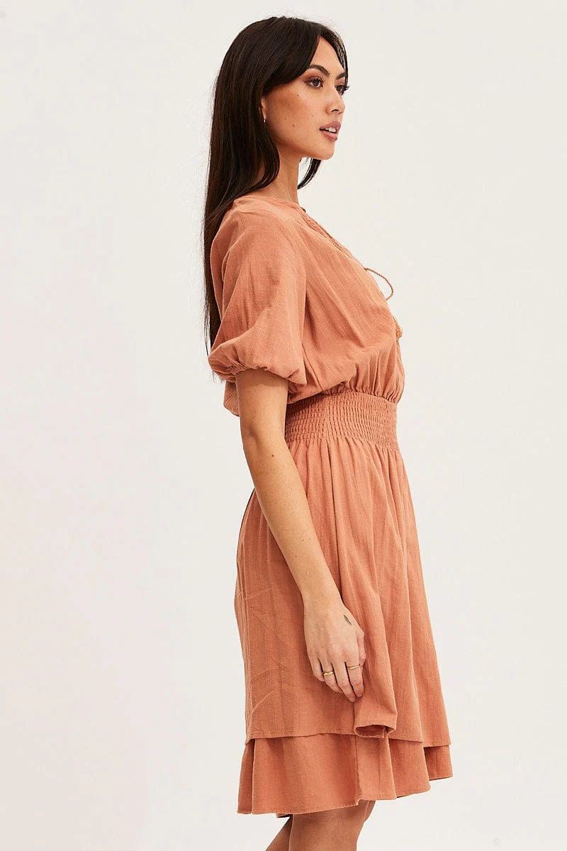 Orange Midi Dress Short Sleeve V Neck - Image 4