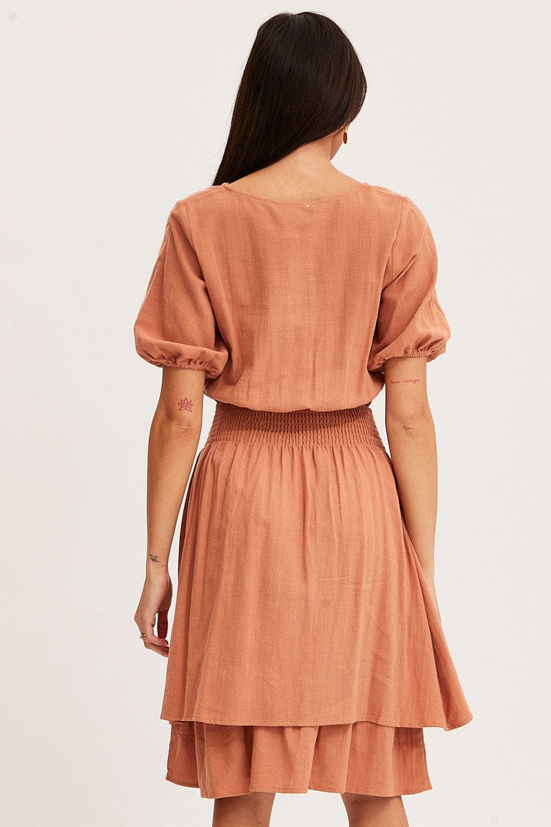 Orange Midi Dress Short Sleeve V Neck - Image 5