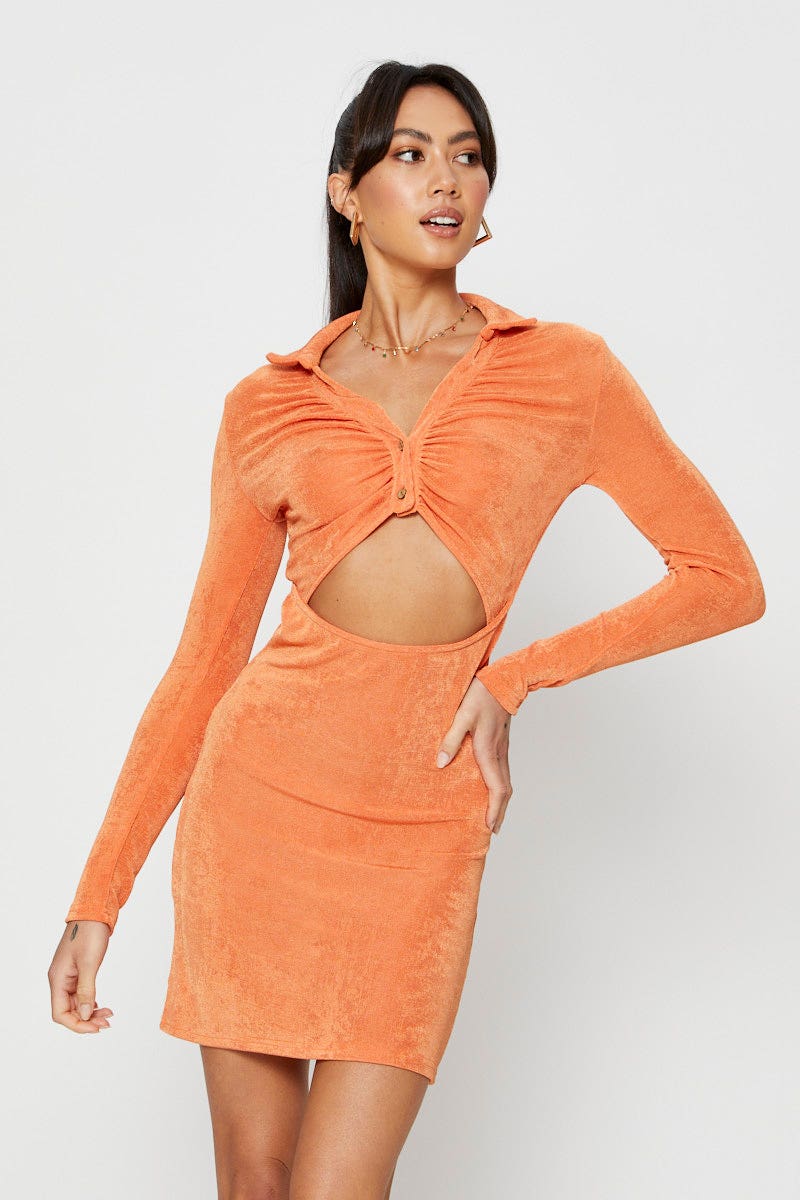 Orange Mini Dress Slinky Jersey Cut Out - Image 3