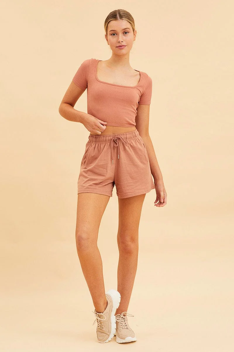 Orange Seamless T-Shirt Crop Short Sleeve Square Neck - Image 2