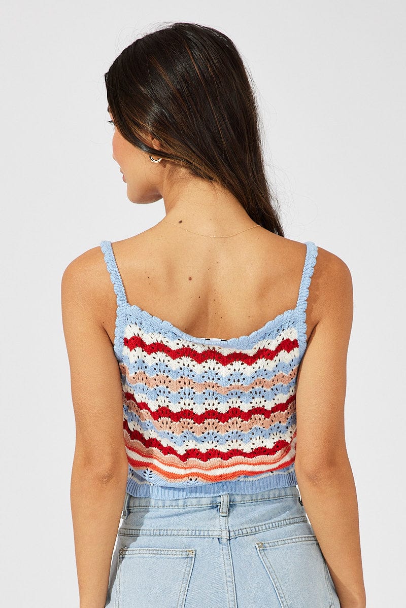 Orange Stripe Knit Singlet Sleeveless Scoop Neck Crochet - Image 5