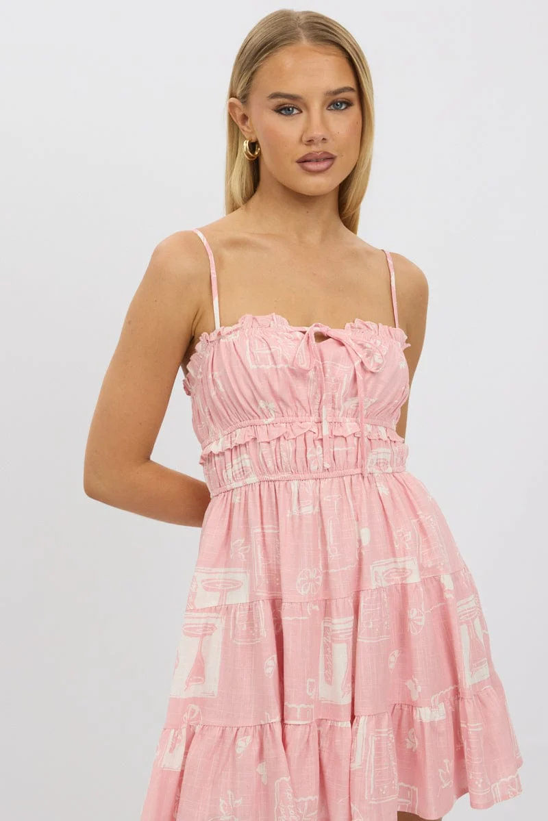 Pink Abstract Fit And Flare Dress Mini - Image 3