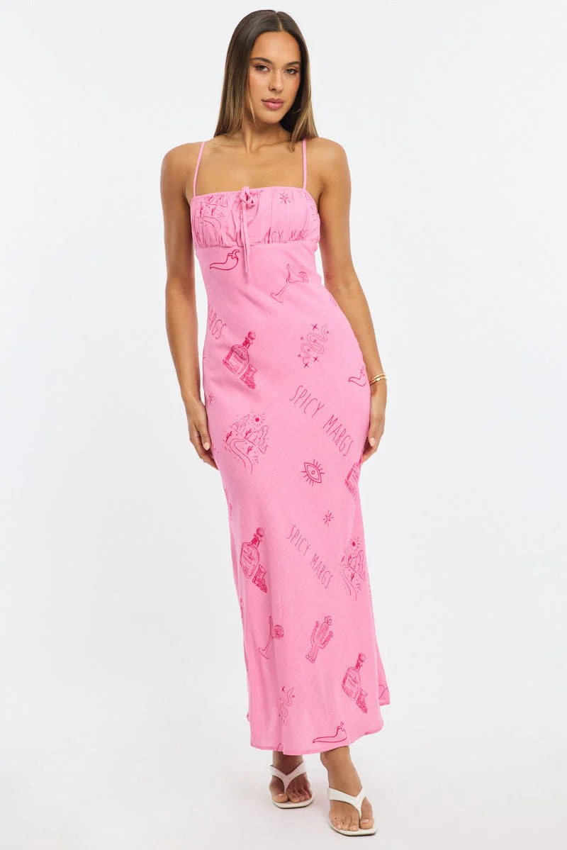 Pink Abstract Midi Dress Strappy