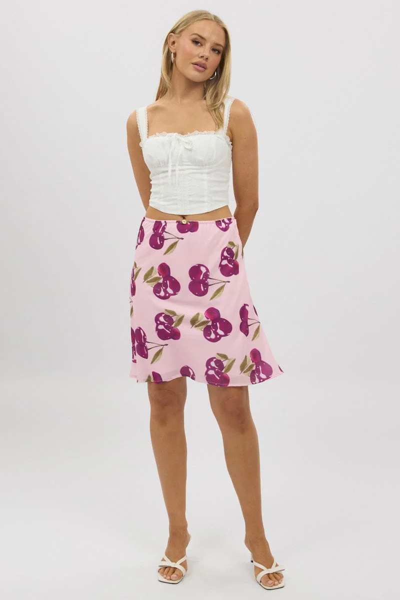 Pink Abstract Picot Trim Midi Skirt Chiffon Lined - Image 2
