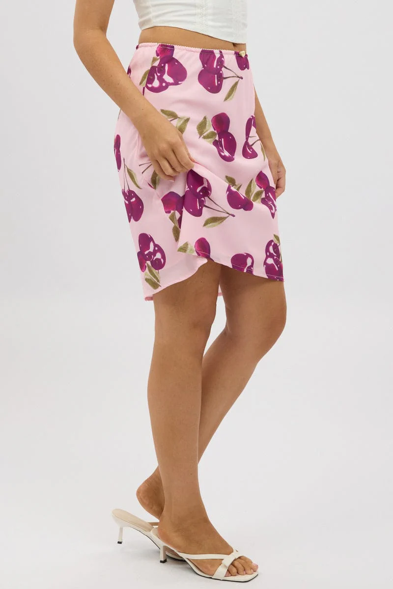 Pink Abstract Picot Trim Midi Skirt Chiffon Lined - Image 4