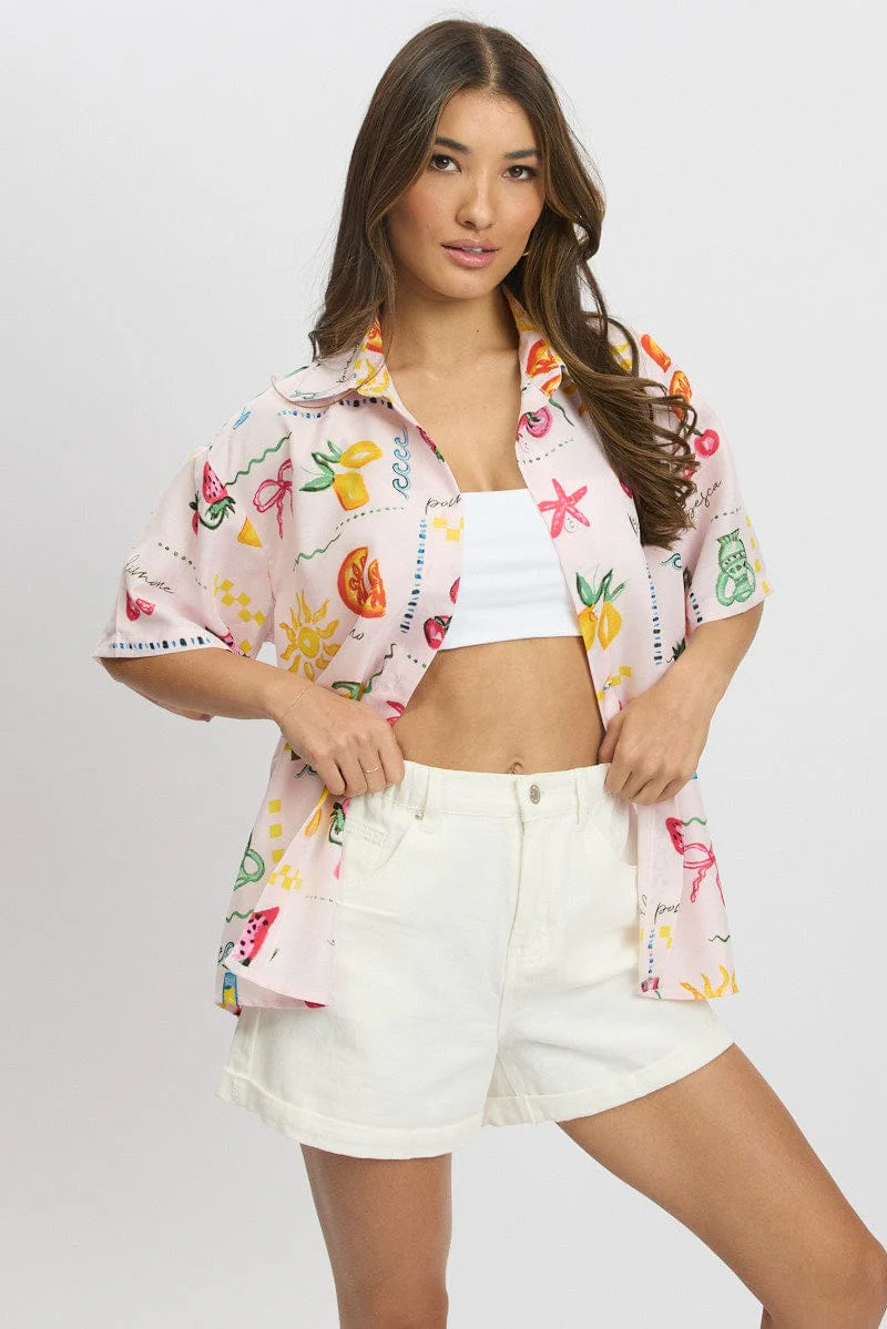 Pink Abstract Relaxed Shirt Short Sleeve