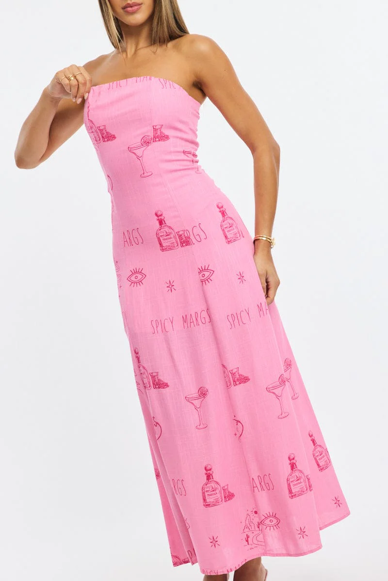 Pink Abstract Strapless Maxi Dress - Image 5