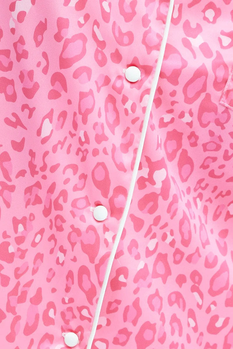 Pink Animal Print Leopard PJ Satin Contrast Piping Pyjama Set - Image 6