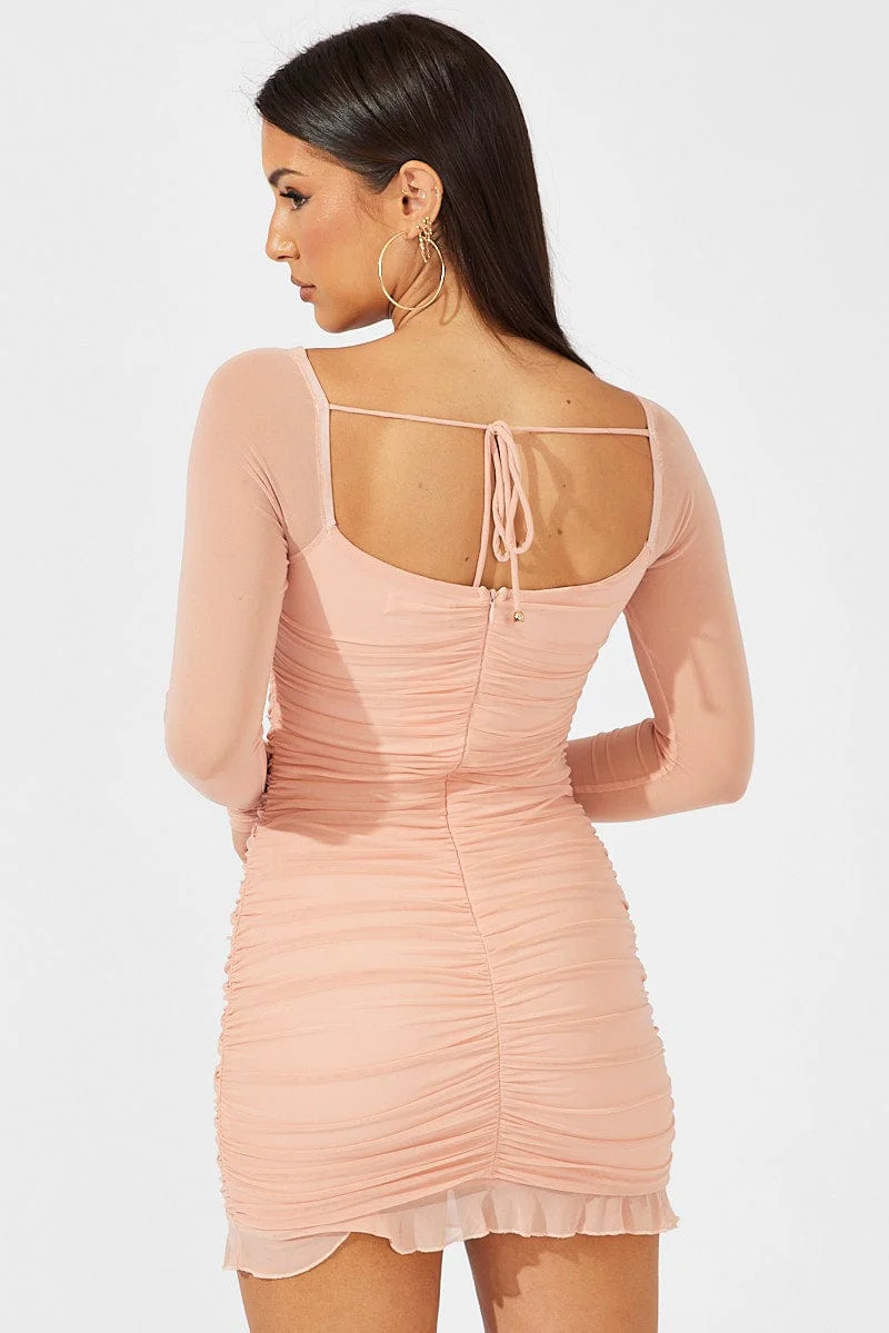 Pink Bodycon Dress Ruched Mesh - Image 5