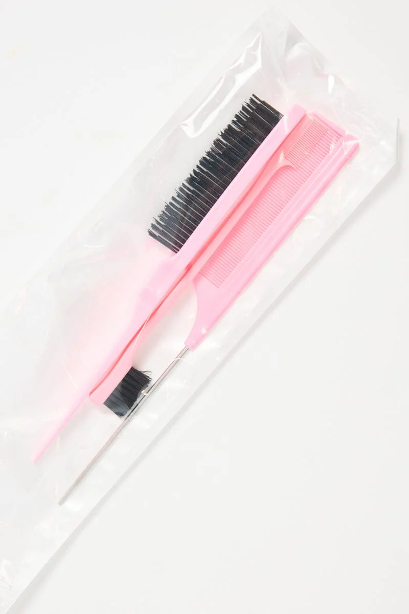 Pink Bristle Brush Edge Brush And Rat Tail Comb Set - Image 3