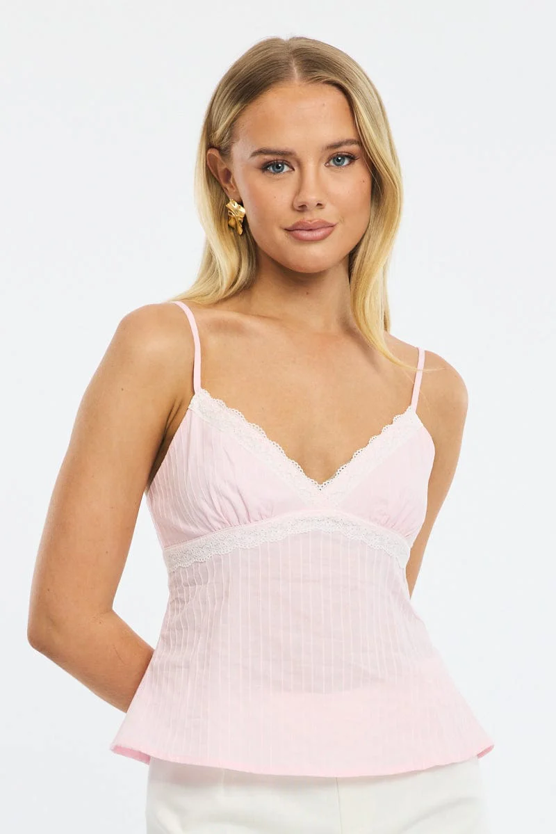 Pink Cami Sleeveless V-neck Lace Detail Cotton