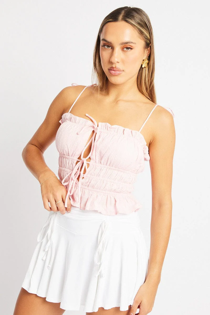 Pink Cami Top Sleeveless Tie Front Textured