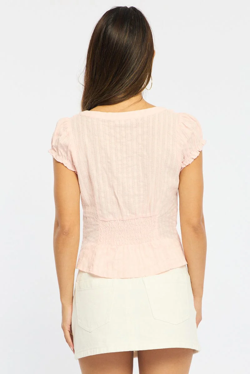 Pink Cap Sleeve Top V-neck Button Up Textured Cotton - Image 5