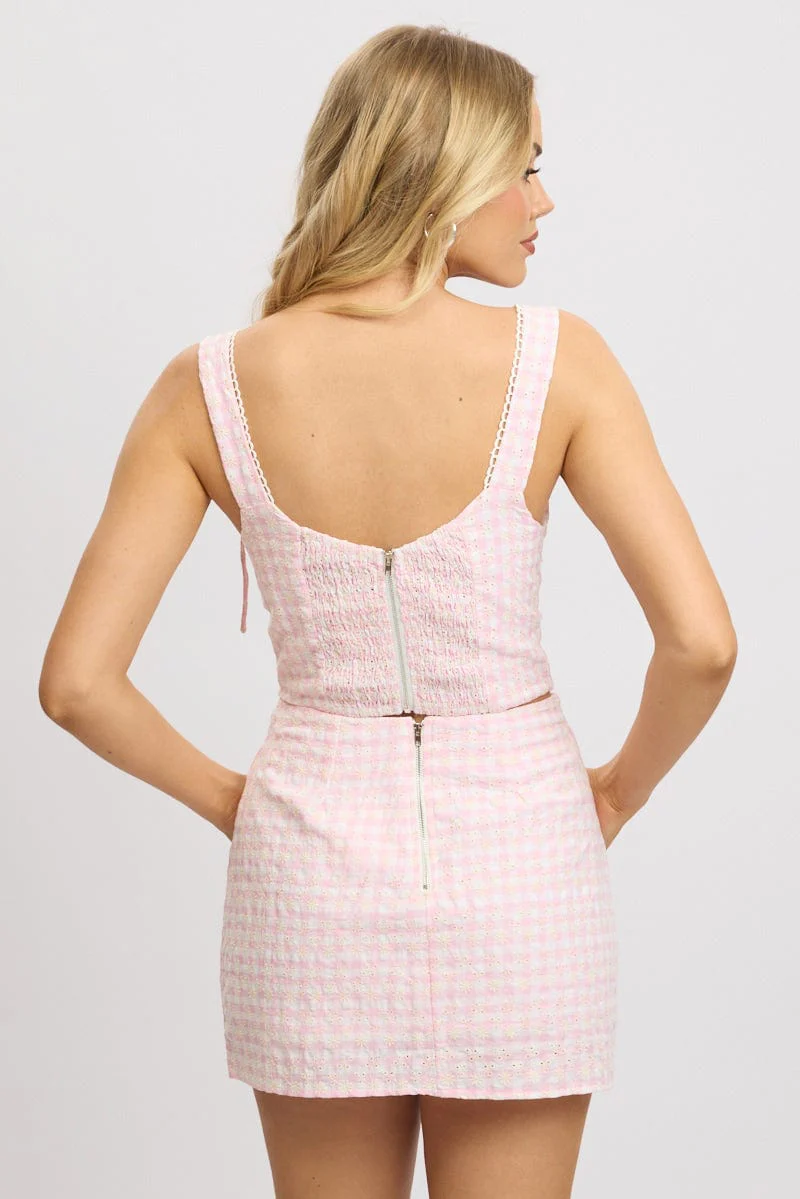 Pink Check Crop Top Sleeveless Corset Broderie - Image 5