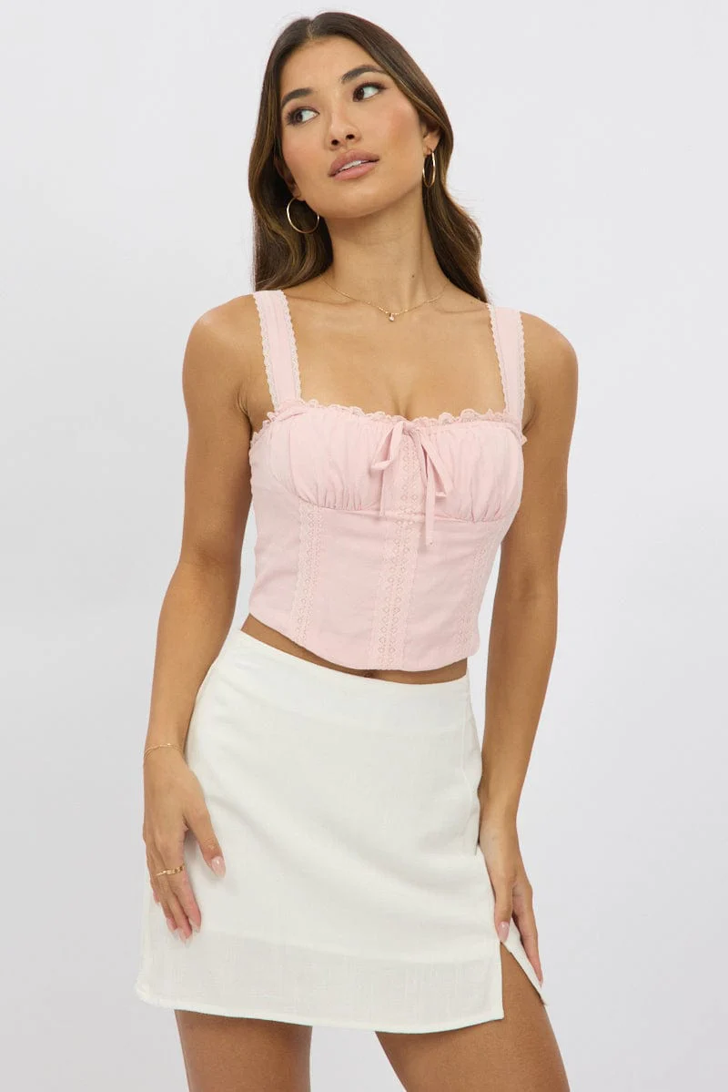 Pink Corset Crop Top Sleeveless Ruched Bust Lace Trim - Image 2