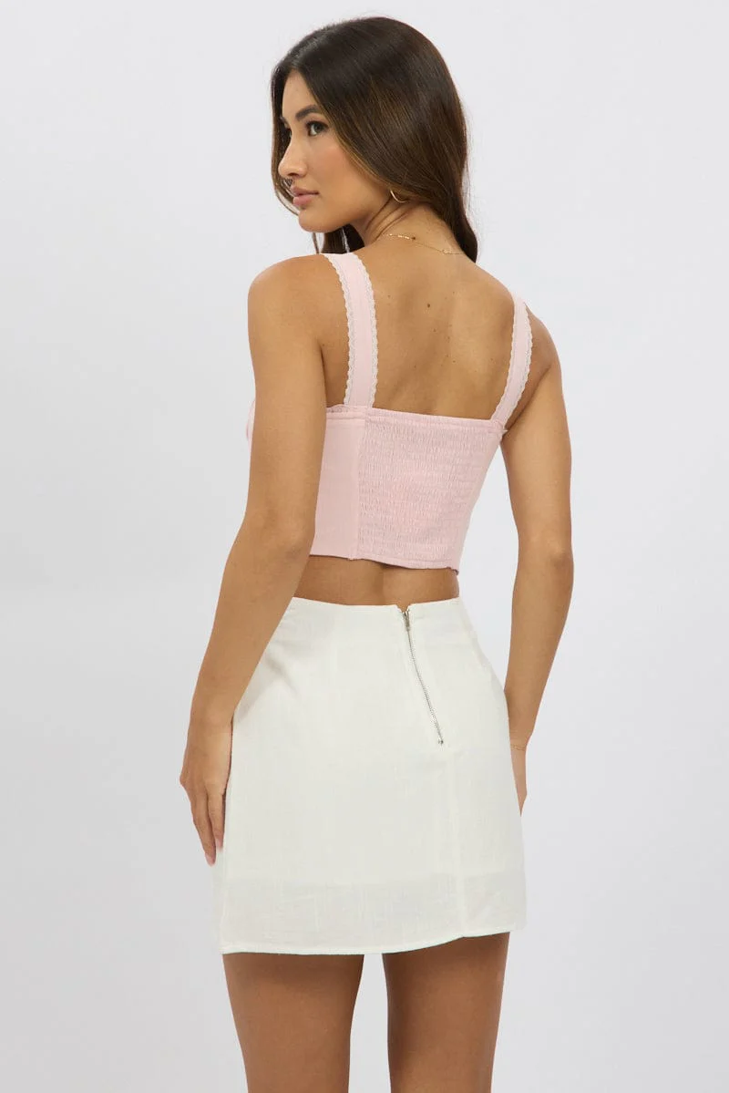 Pink Corset Crop Top Sleeveless Ruched Bust Lace Trim - Image 5