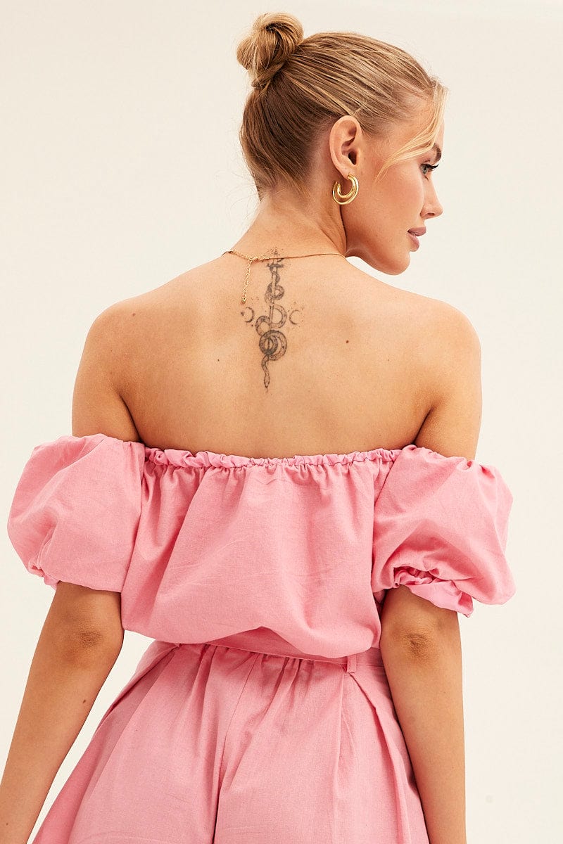 Pink Crop Top Off Shoulder Puff Sleeve - Image 5