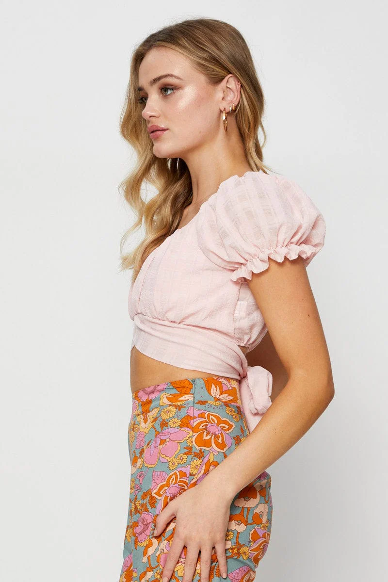 Pink Crop Top Short Sleeve Tie Up - Image 4