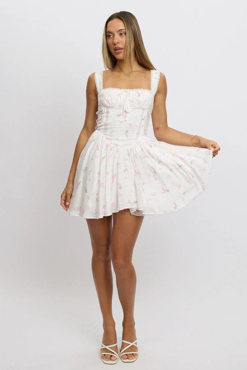 Pink Ditsy Fit And Flare Dress Corset Detail Mini - Image 2