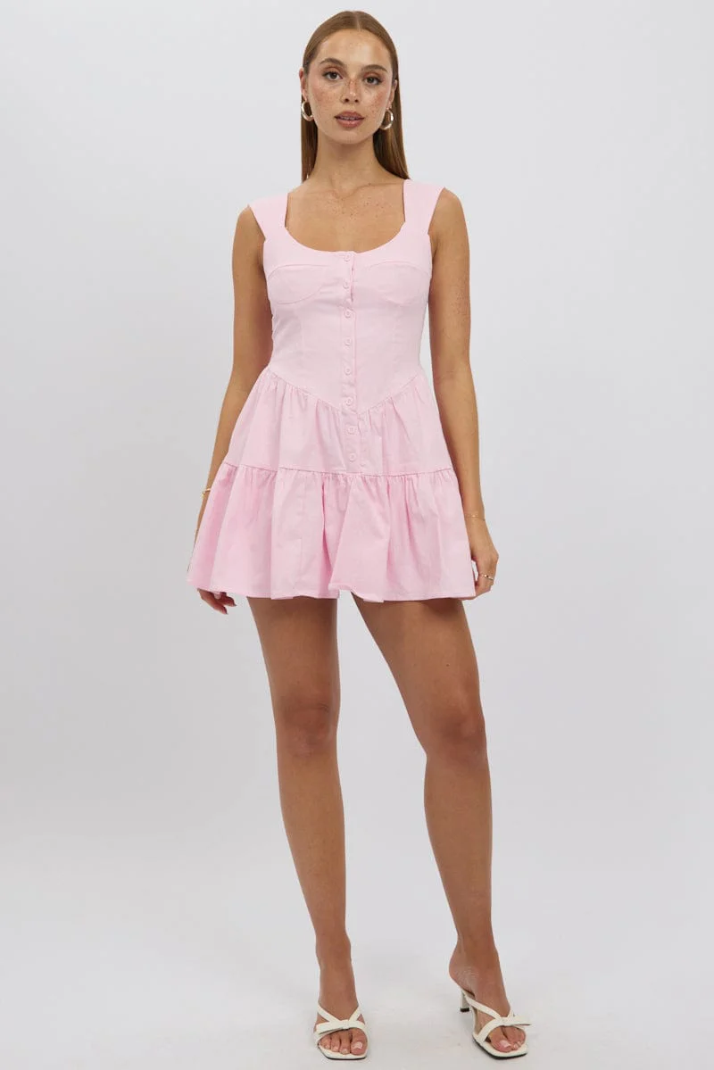 Pink Fit And Flare Dress Mini Front Button Placket - Image 3