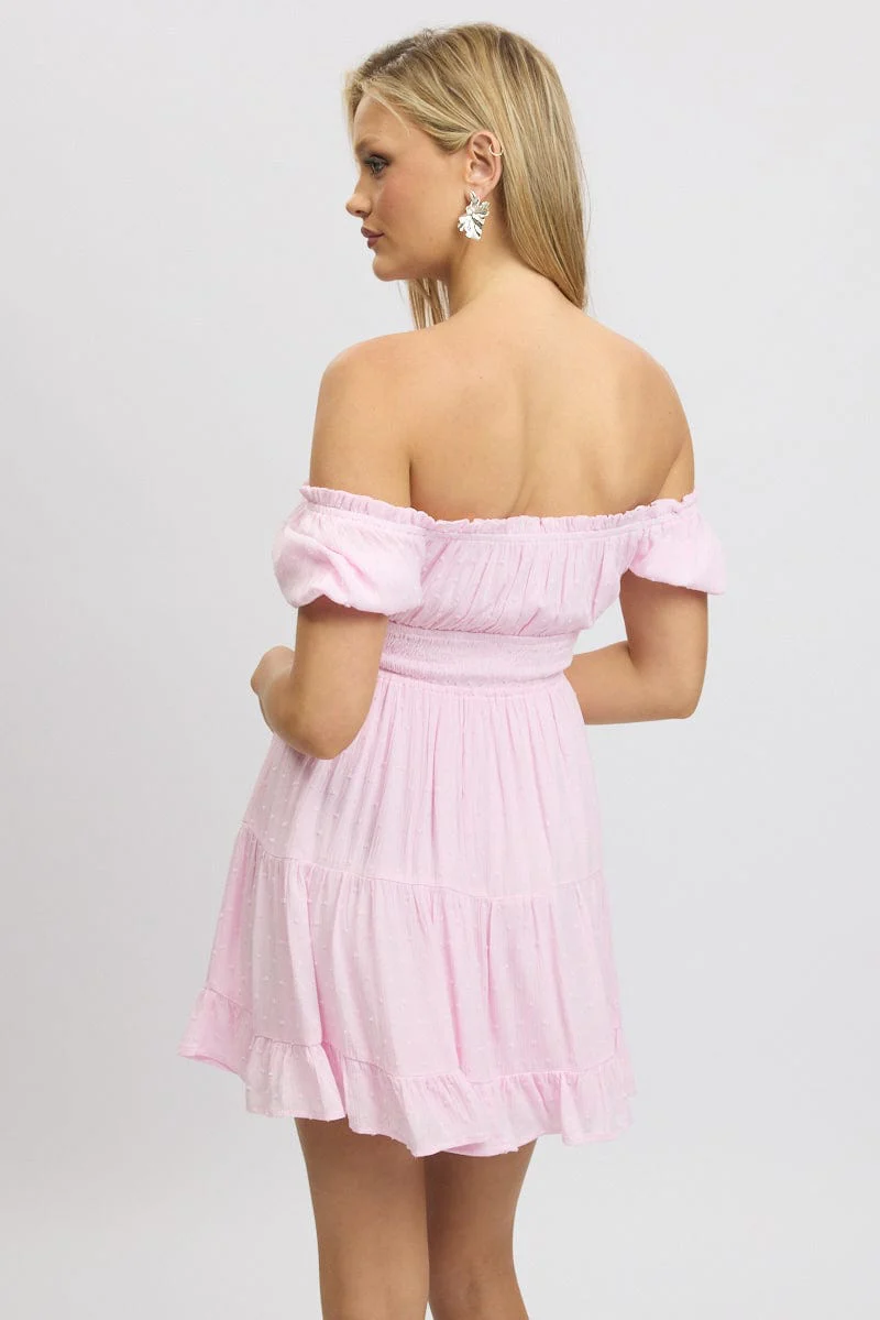 Pink Fit And Flare Dress Puff Sleeve Mini - Image 5