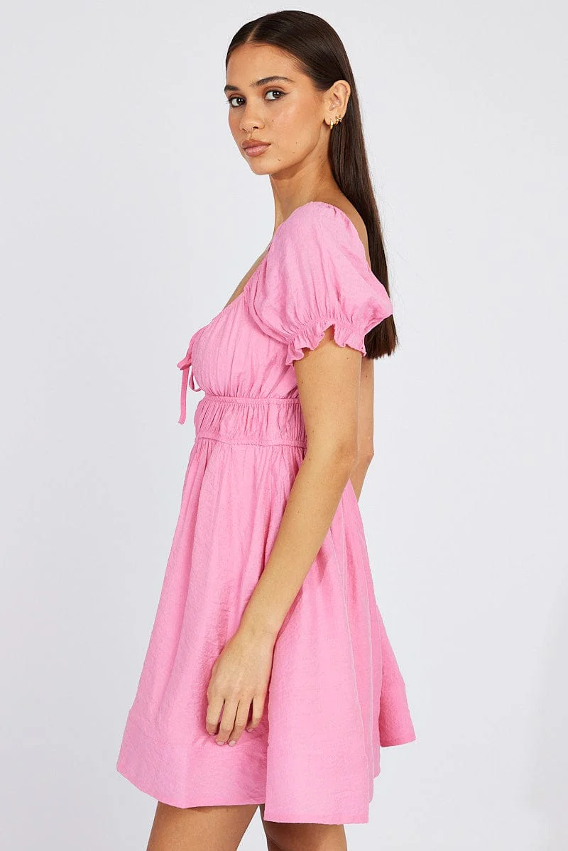 Pink Fit and Flare Dress Short Sleeve Ruched - Image 4