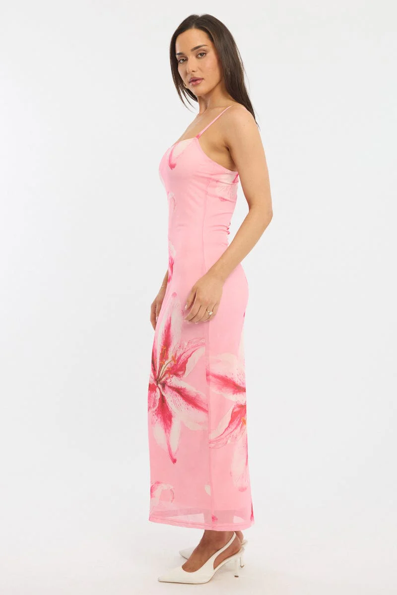 Pink Floral Bodycon Dress Mesh - Image 3