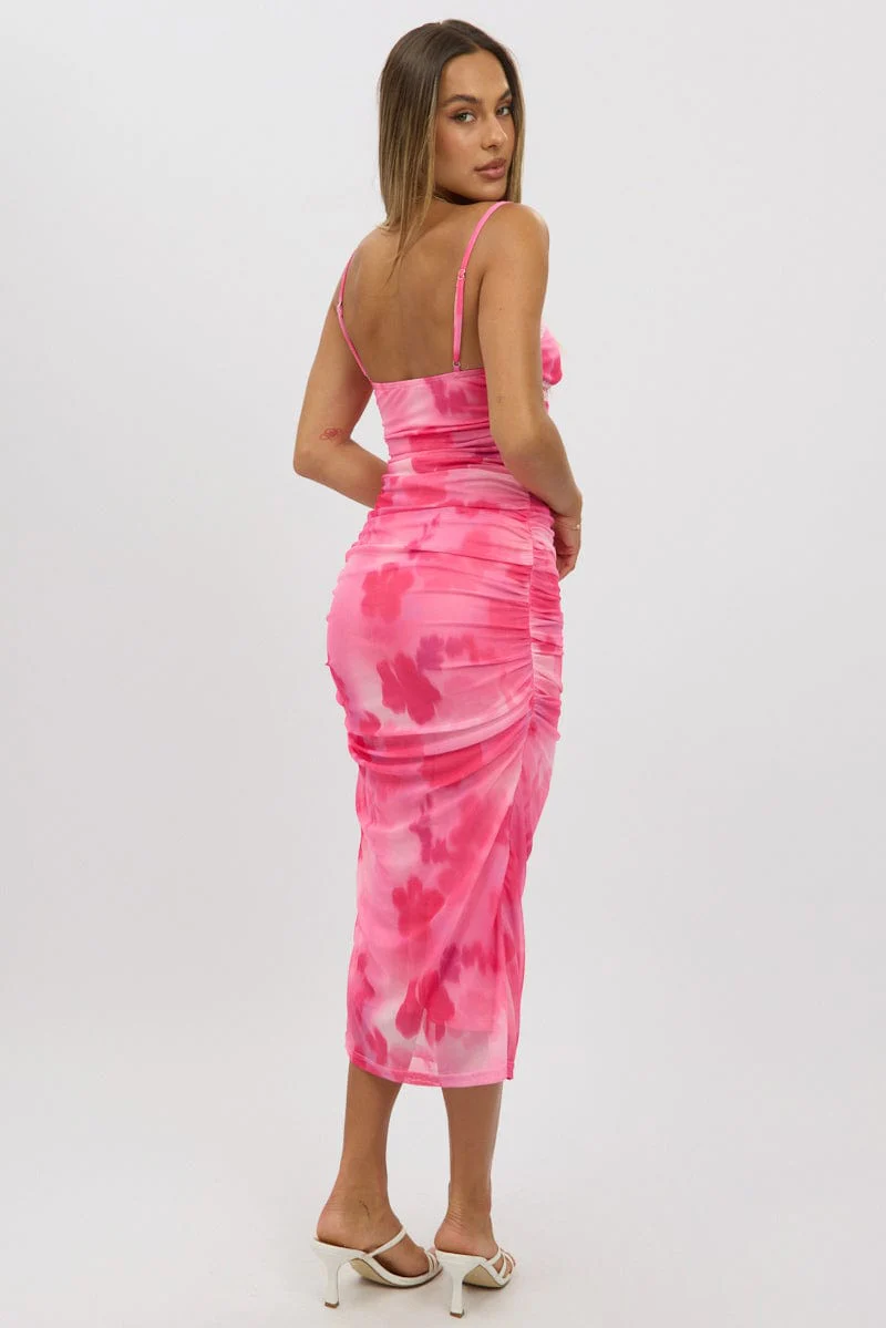 Pink Floral Bodycon Dress Singlet Mesh Midi - Image 5