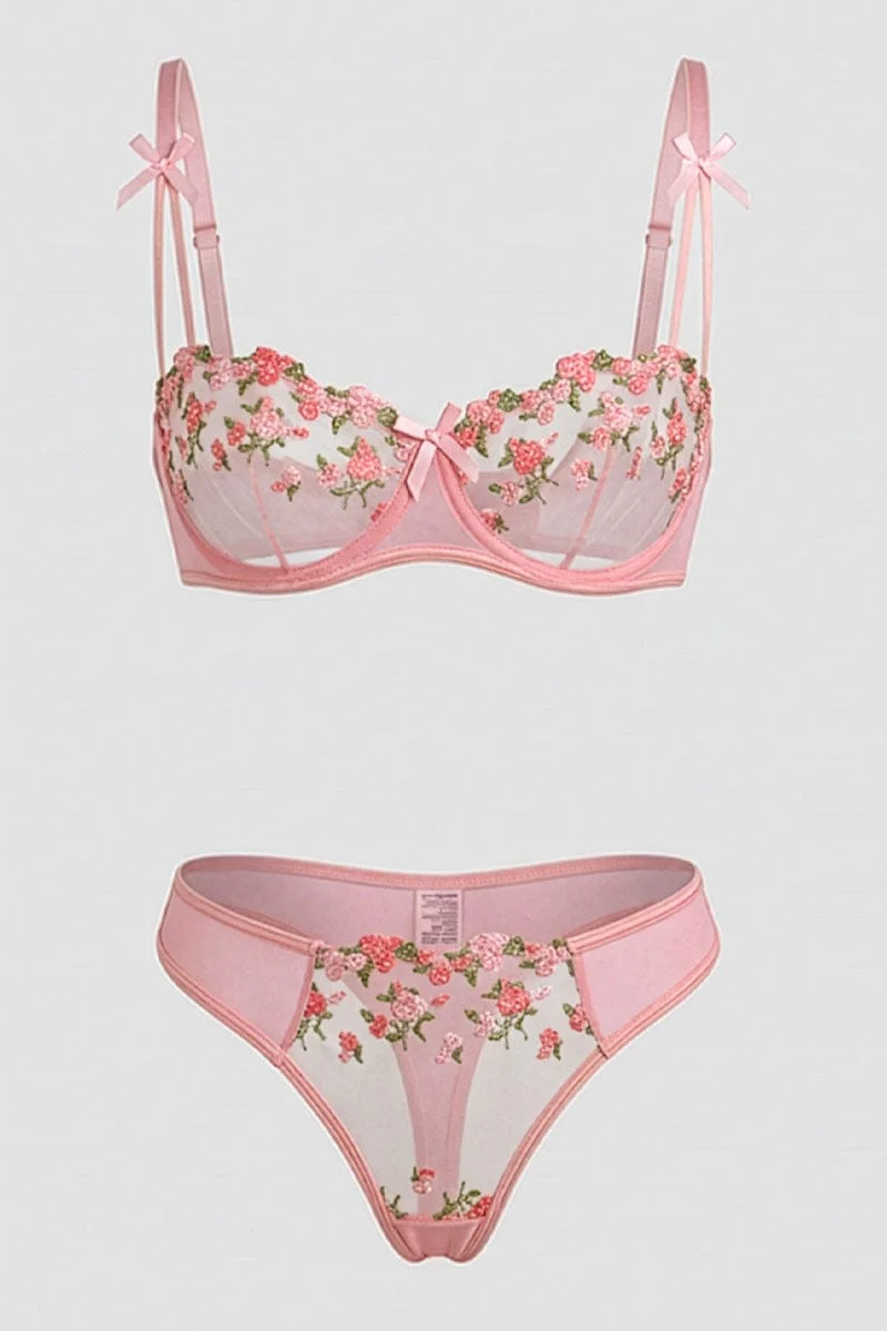 Pink Floral Embroidery Lingerie Set