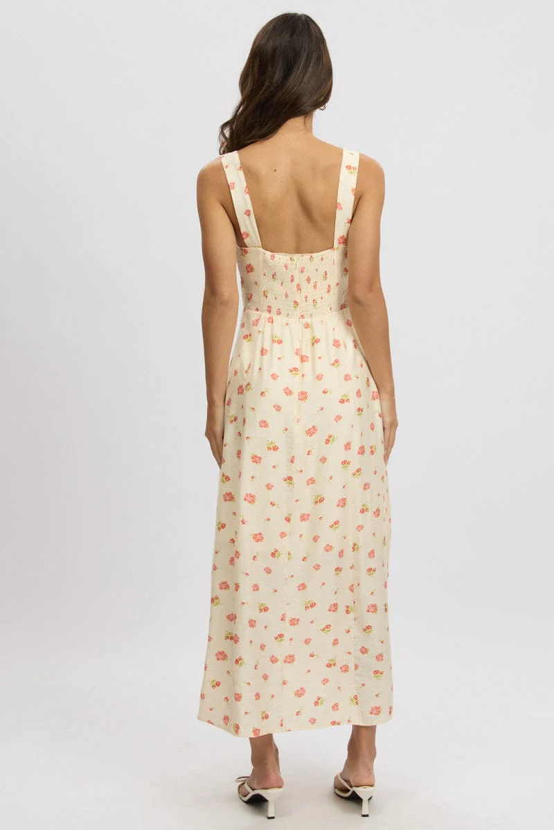 Pink Floral Midi Dress Gathered Bust - Image 5