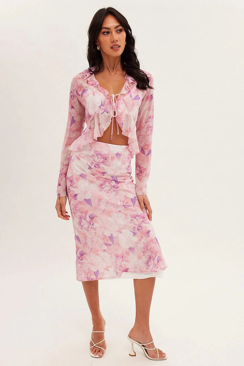 Pink Floral Midi Skirt Floral Printed Chiffon - Image 3