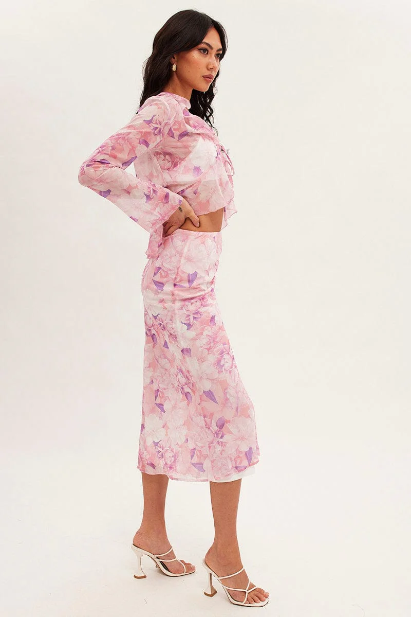 Pink Floral Midi Skirt Floral Printed Chiffon - Image 4