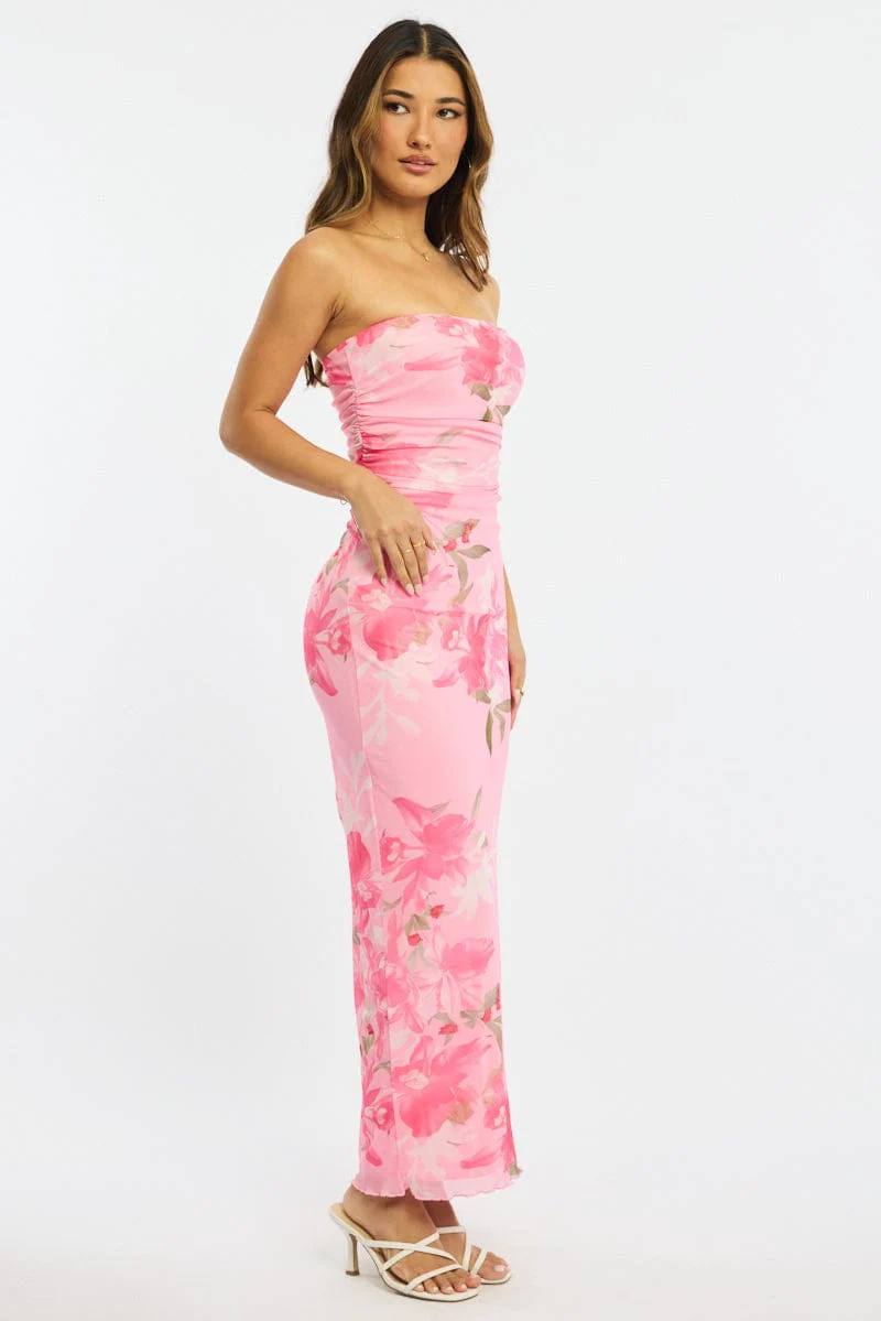 Pink Floral Strapless Maxi Dress - Image 3