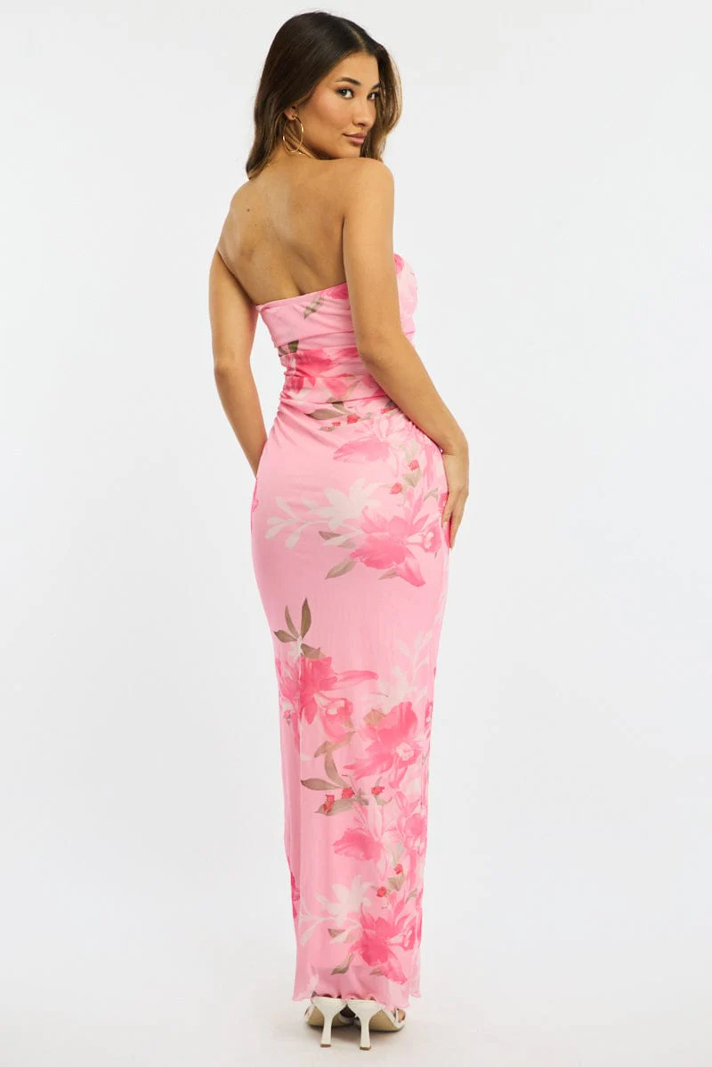 Pink Floral Strapless Maxi Dress - Image 4
