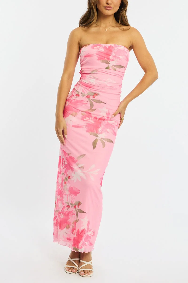 Pink Floral Strapless Maxi Dress - Image 5