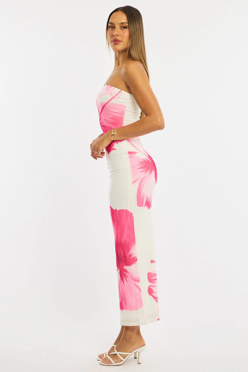Pink Floral Strapless Maxi Dress - Image 3