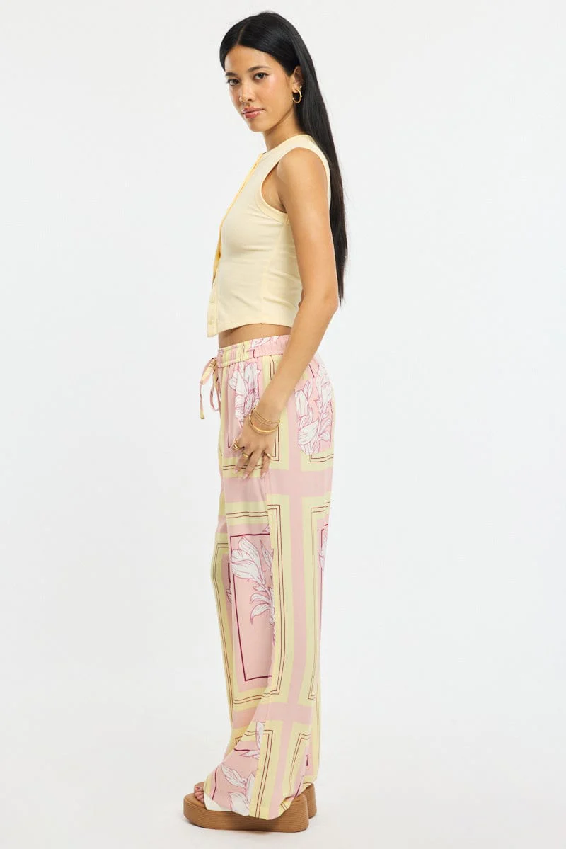Pink Floral Wide Leg Pants Elasticated Waist - Image 4