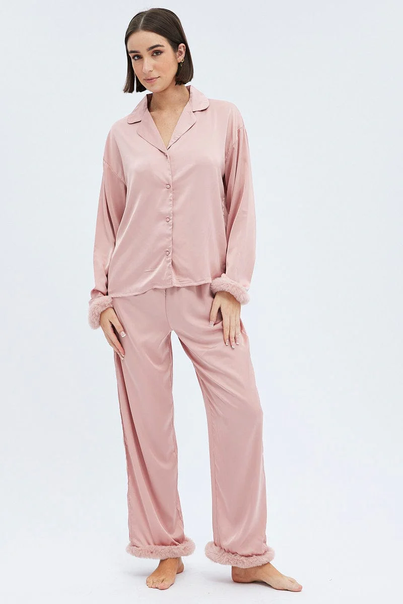Pink Fur PJ Dusty Pink Satin Fluffy Trim Pyjama Set - Image 3