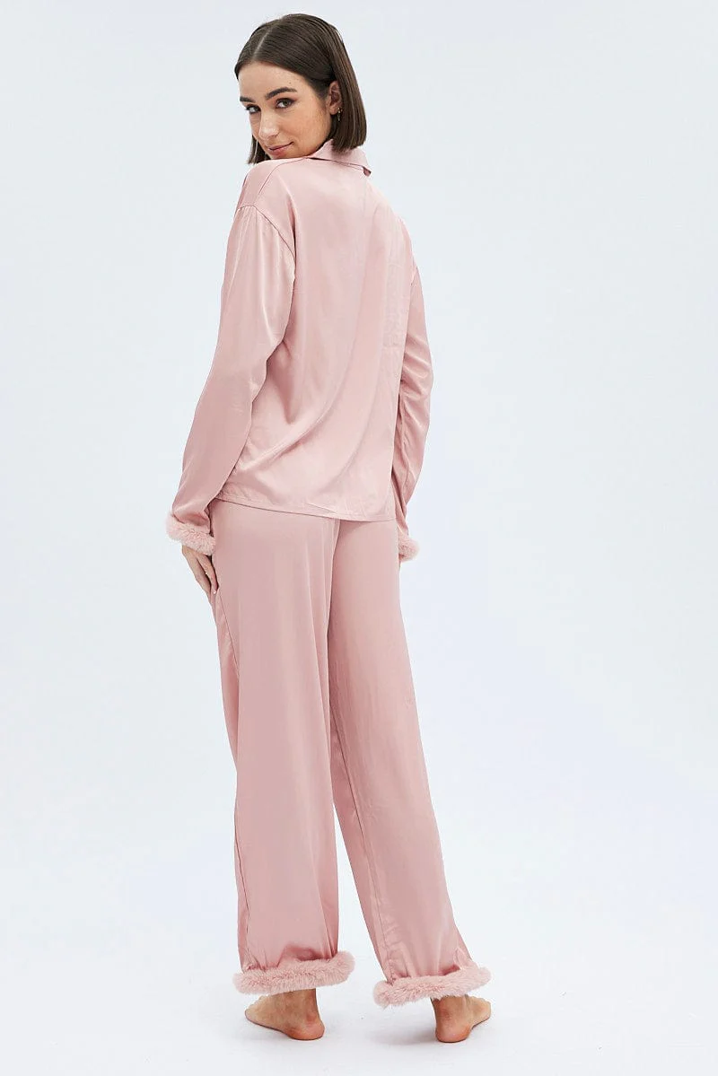 Pink Fur PJ Dusty Pink Satin Fluffy Trim Pyjama Set - Image 5