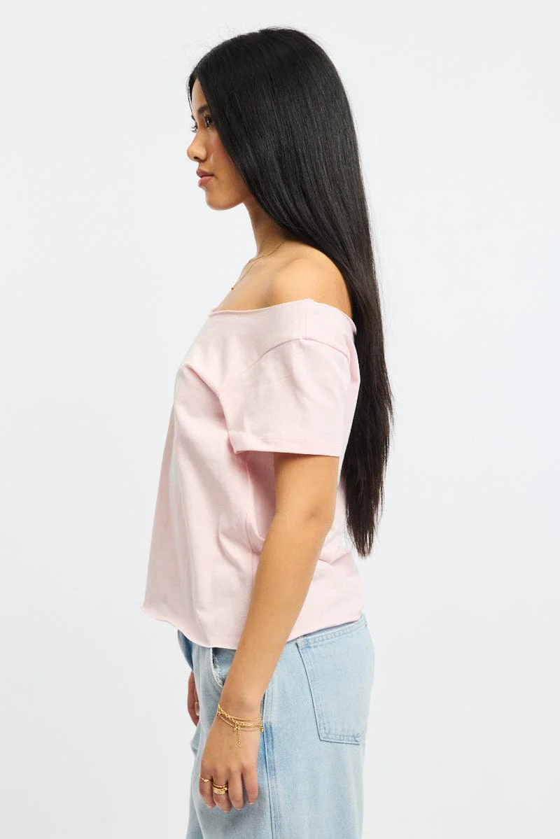 Pink Graphic Tee Off Shoulder - Image 3