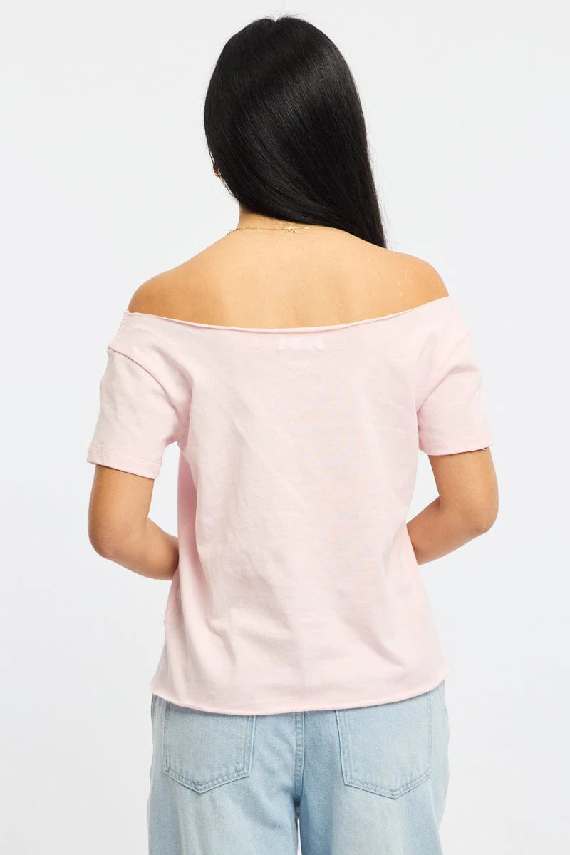Pink Graphic Tee Off Shoulder - Image 4
