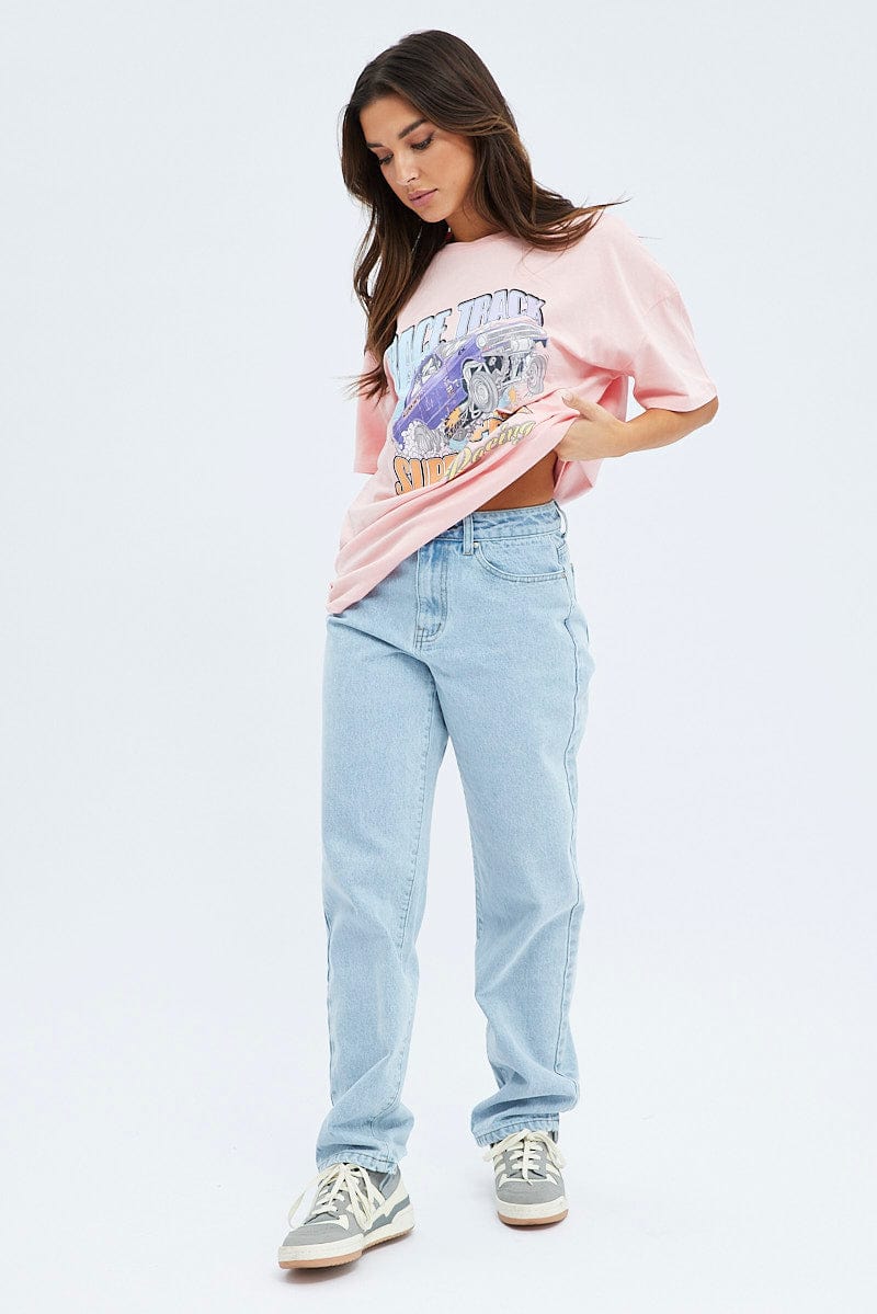 Pink Graphic Tee Short Sleeve Round Neck Print Jersey - Image 2