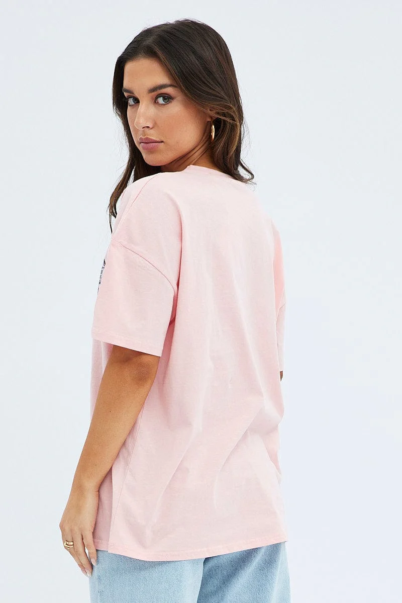 Pink Graphic Tee Short Sleeve Round Neck Print Jersey - Image 5
