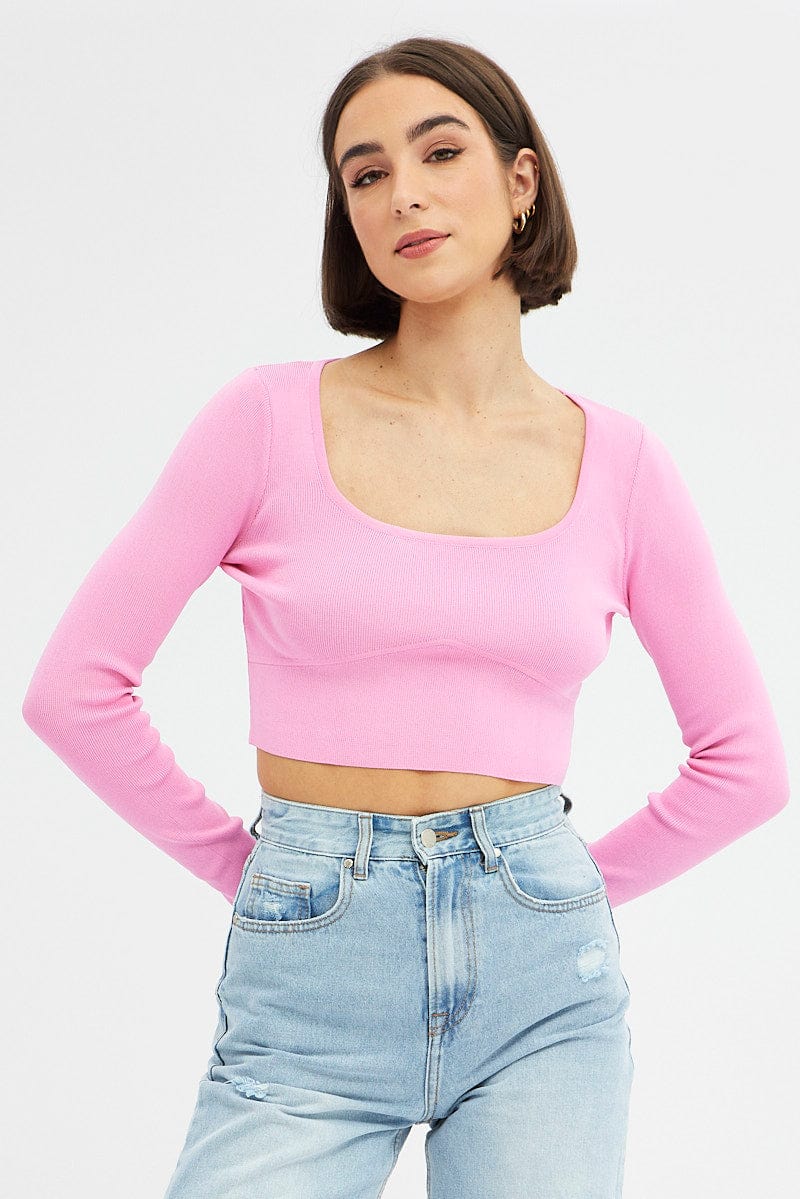 Pink Knit Top Long Sleeve Crop - Image 3
