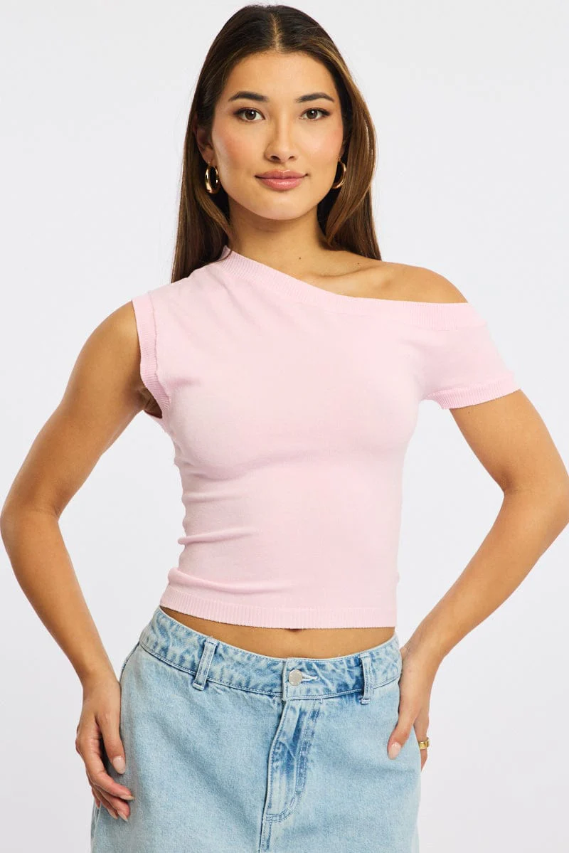 Pink Knit Top Off Shoulder