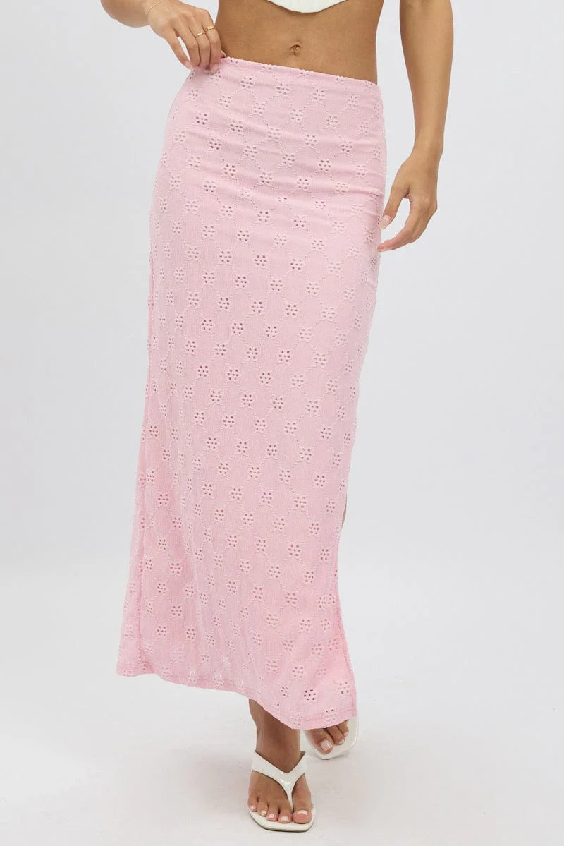Pink Midaxi Skirt High Rise Stretch Eyelet - Image 3