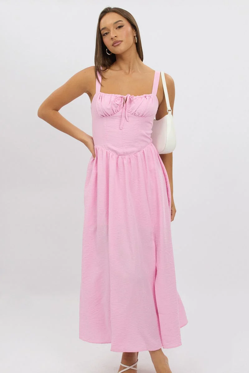 Pink Midi Dress Gathering Bust Corset Detail - Image 2