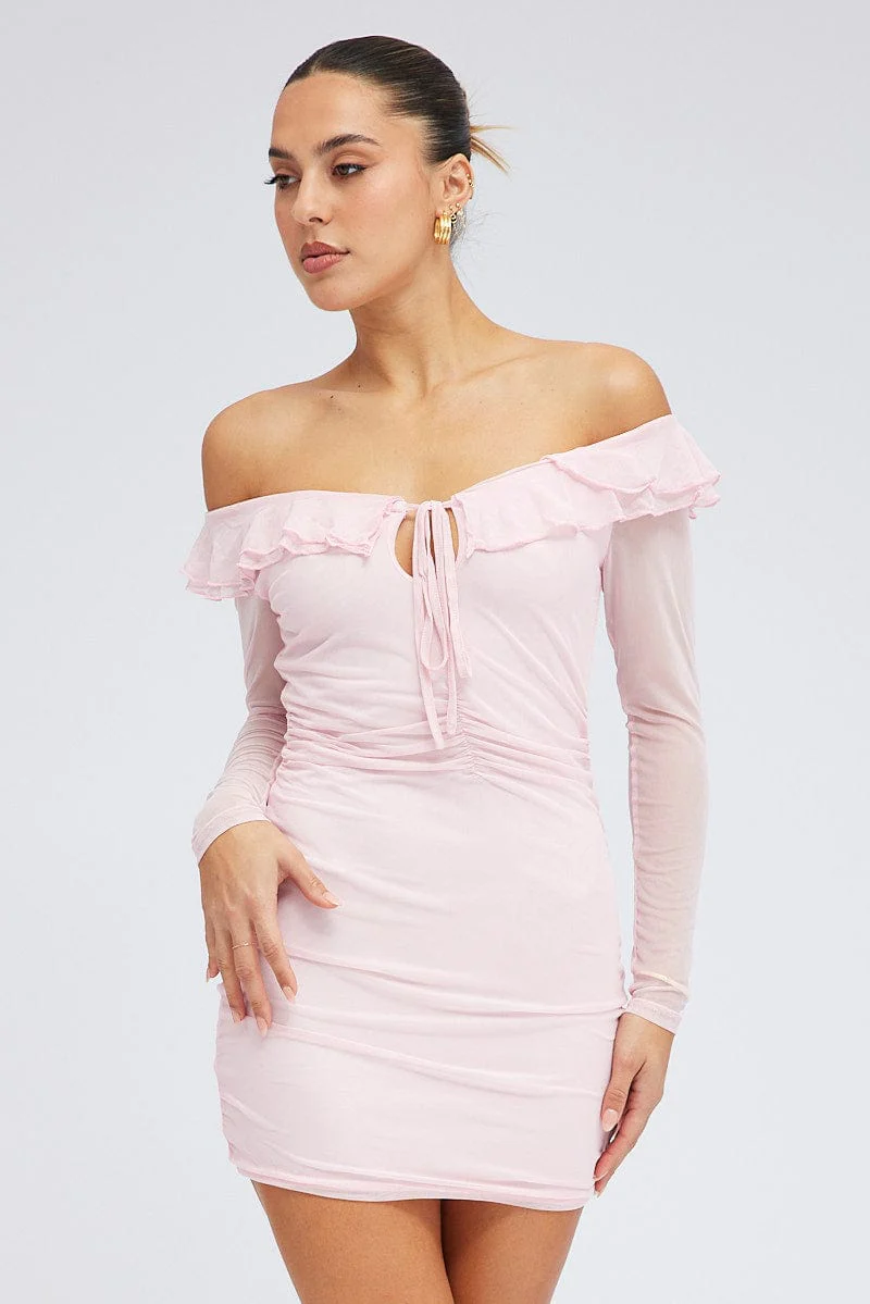 Pink Mini Dress Long Sleeve Off Shoulder Frill Mesh - Image 3