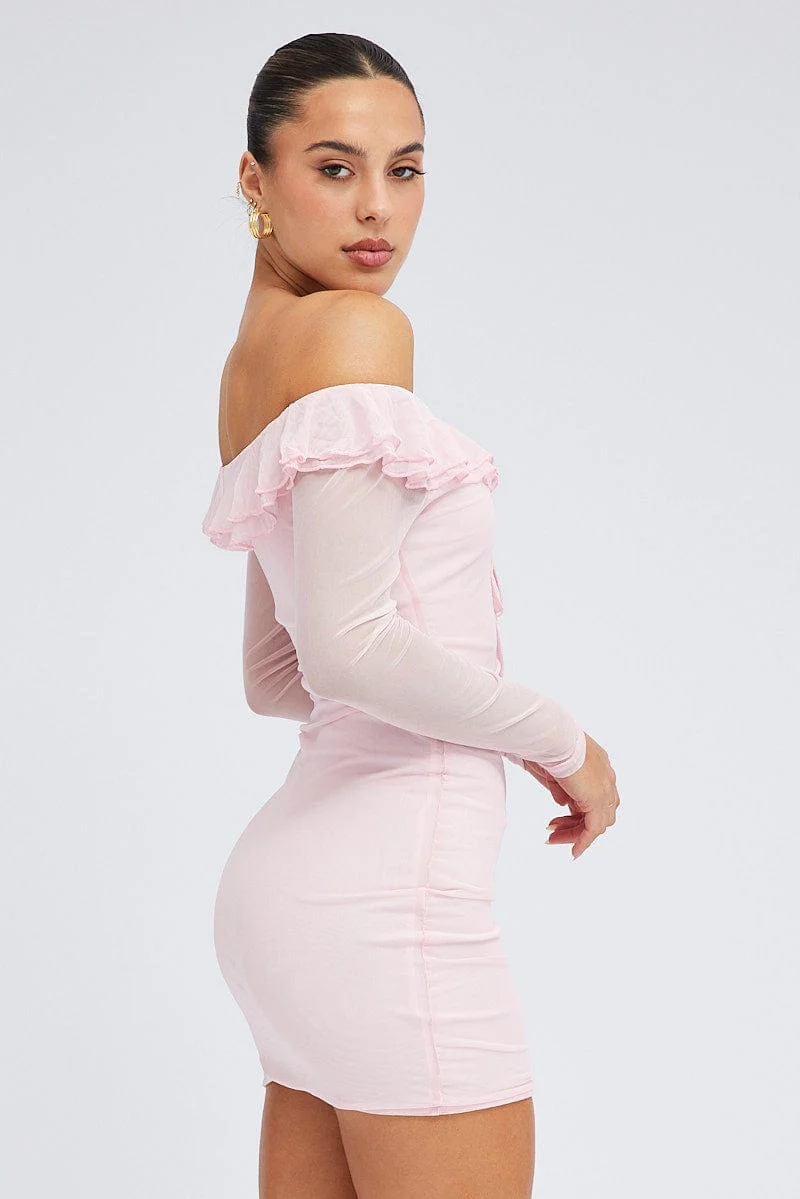 Pink Mini Dress Long Sleeve Off Shoulder Frill Mesh - Image 4