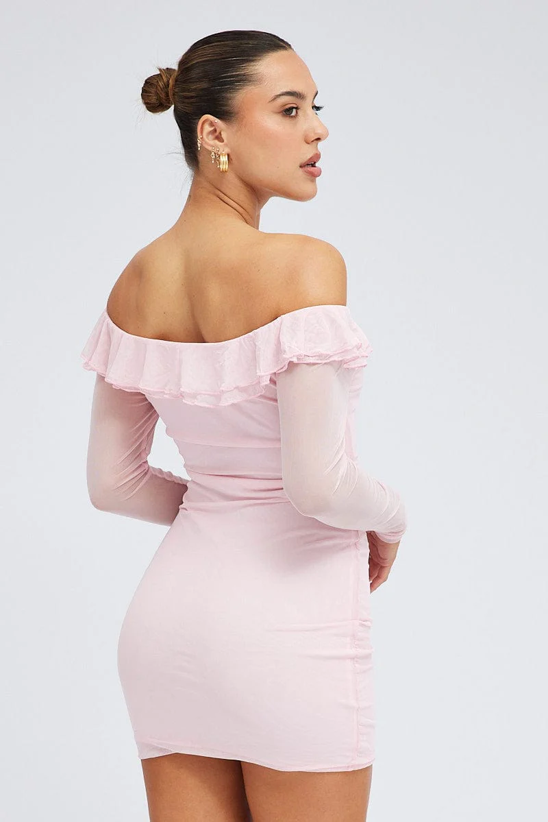 Pink Mini Dress Long Sleeve Off Shoulder Frill Mesh - Image 5